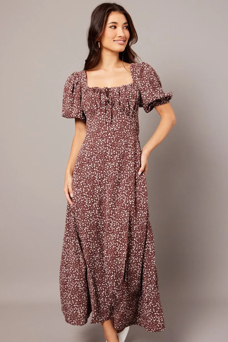 Brown Ditsy Midi Dress Puff Sleeve Midi sold by Ally Fashion product image thumbnail 3