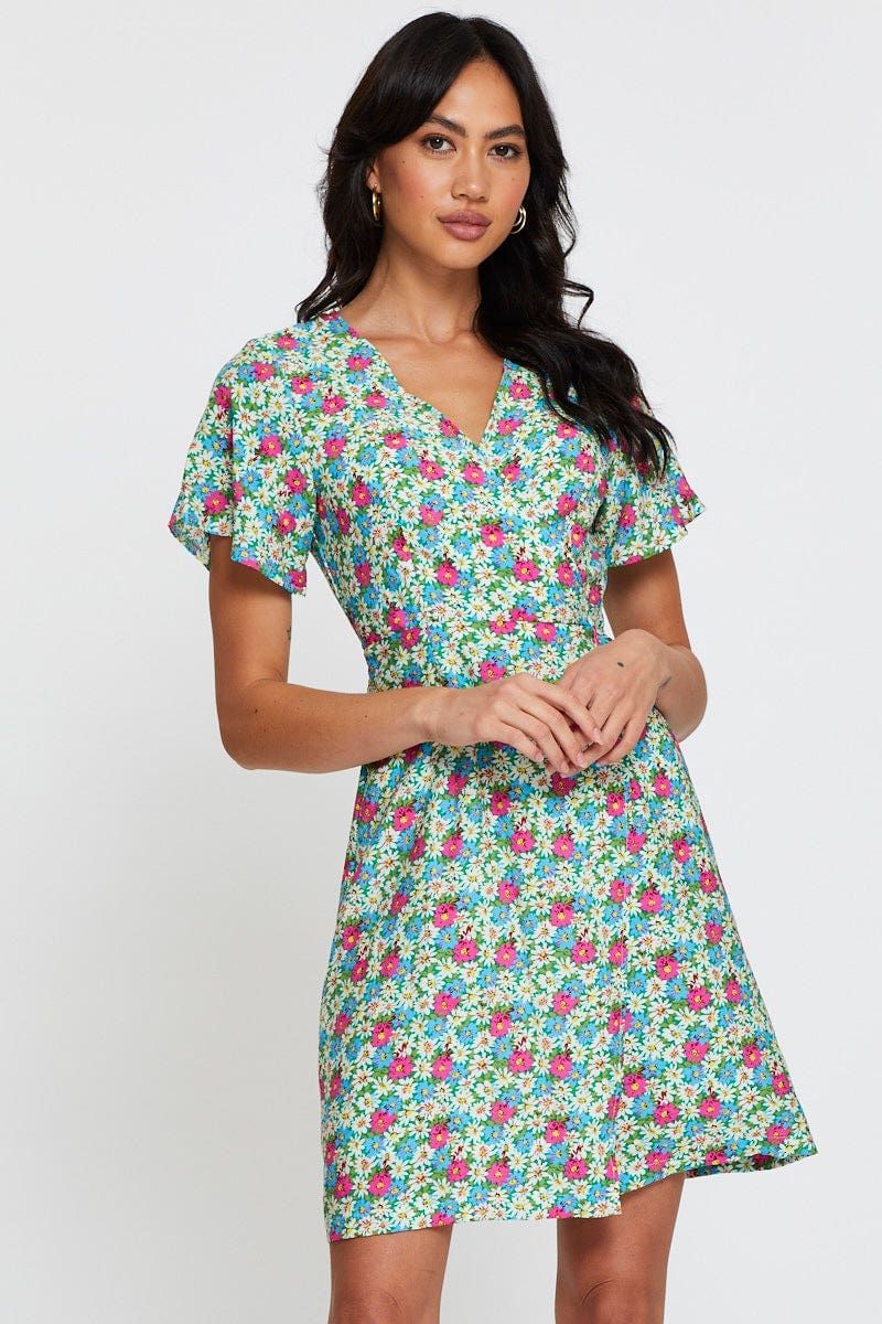 Print Fit And Flare Dress Short Sleeve V Neck sold by Ally Fashion