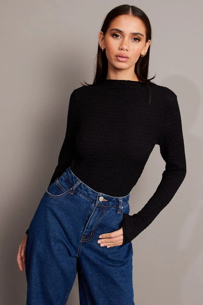 Black Textured Top Long Sleeve High Neck sold by Ally Fashion product image thumbnail 3