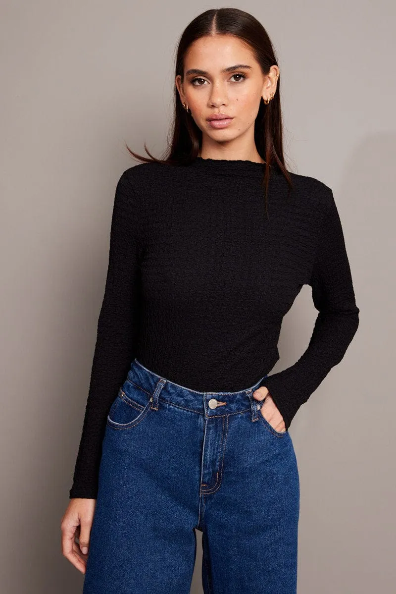 Black Textured Top Long Sleeve High Neck sold by Ally Fashion
