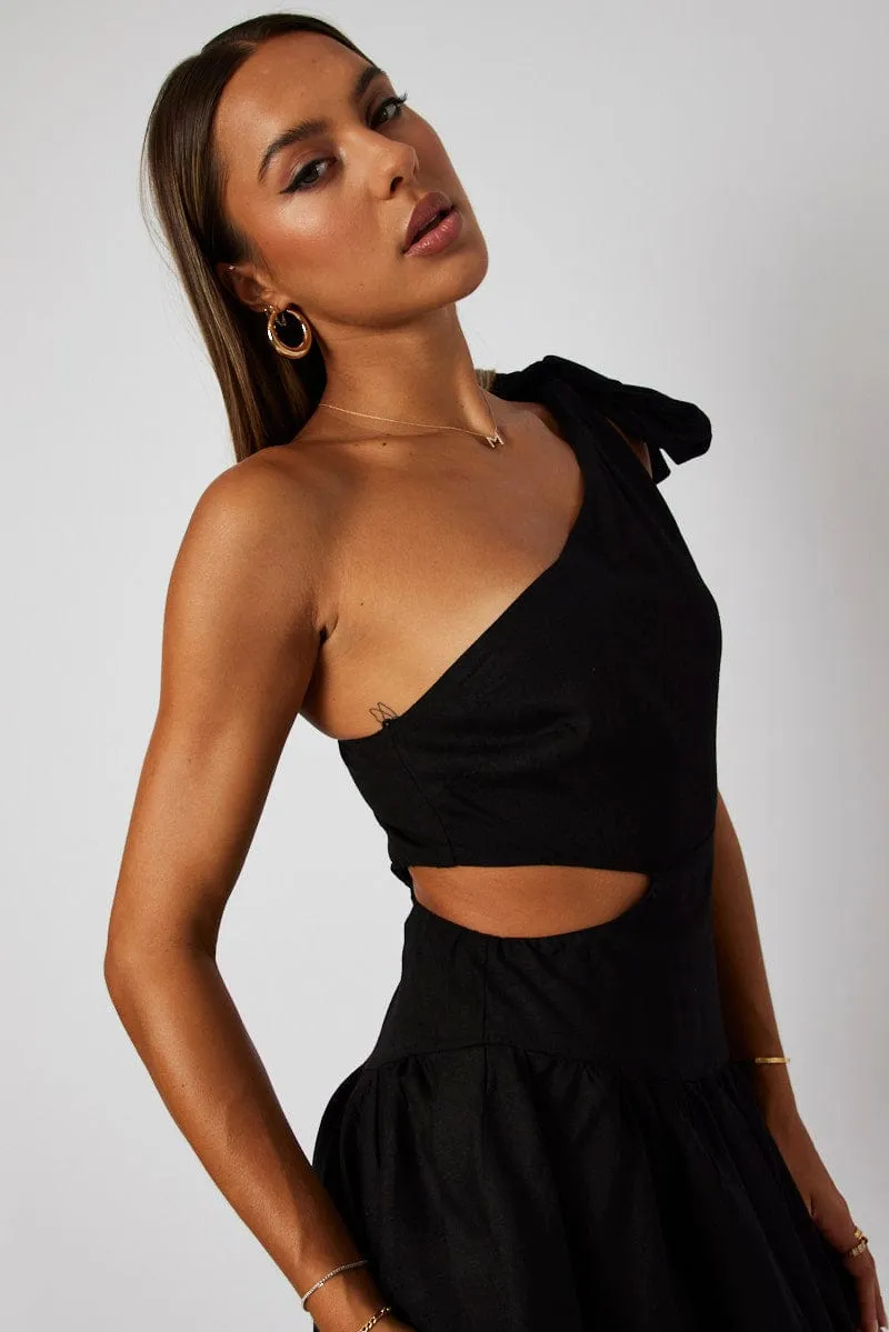 Black One Shoulder Dress Bow Cut Out Swishy Dress sold by Ally Fashion