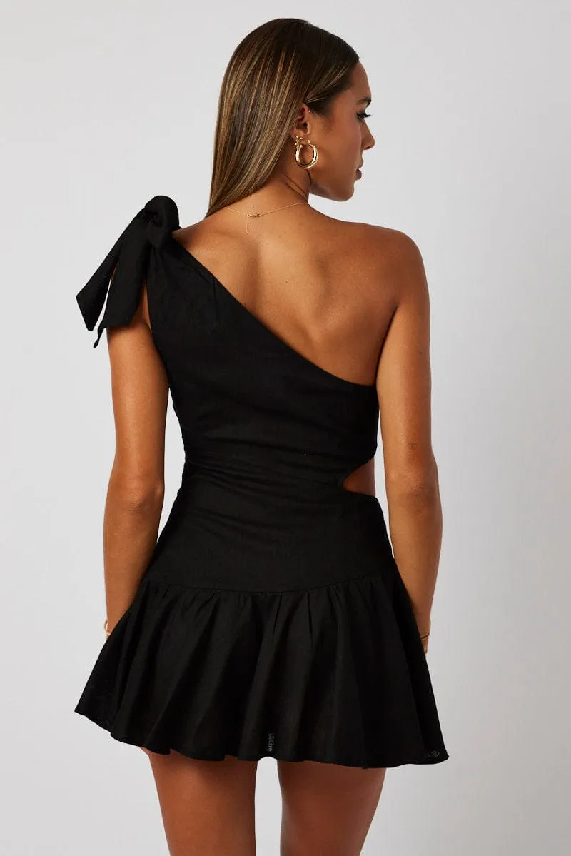 Black One Shoulder Dress Bow Cut Out Swishy Dress sold by Ally Fashion product image thumbnail 5