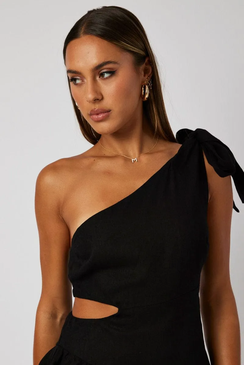 Black One Shoulder Dress Bow Cut Out Swishy Dress sold by Ally Fashion product image thumbnail 3