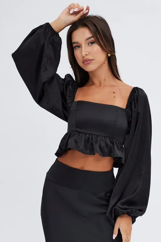 Black Crop Top Long Sleeve Square Neck Frill Hem Satin sold by Ally Fashion
