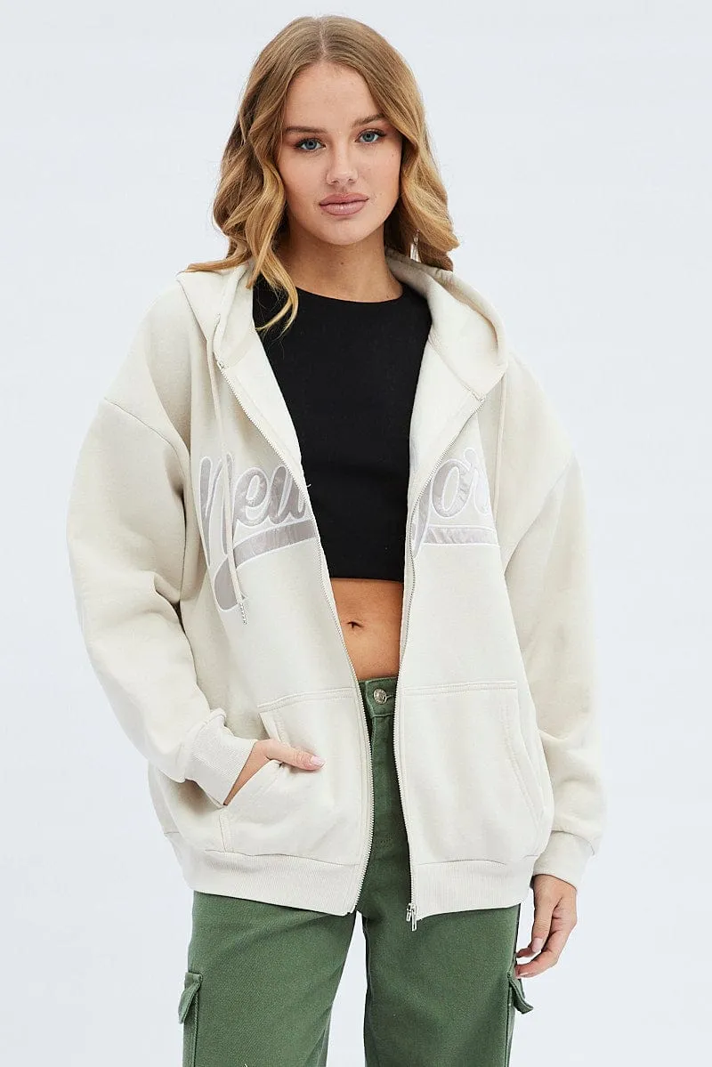 Beige Hoodie Zip Long Sleeves Embroidery sold by Ally Fashion product image thumbnail 3