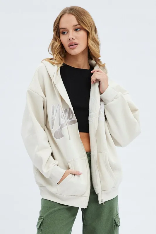 Beige Hoodie Zip Long Sleeves Embroidery sold by Ally Fashion