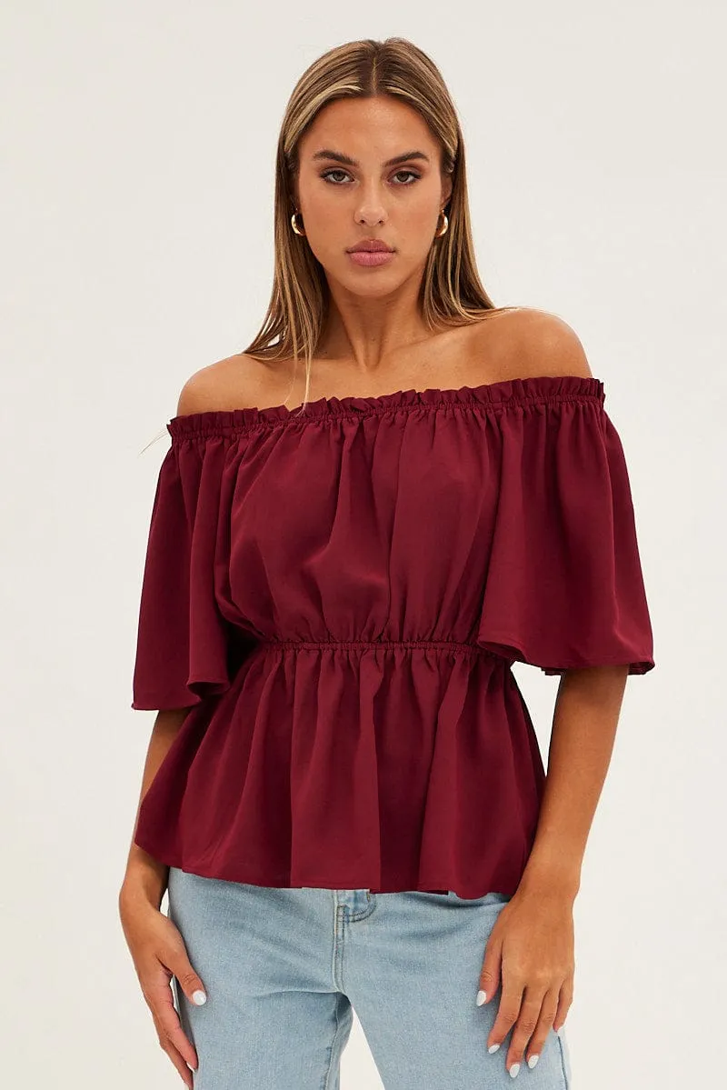 Red Top Short Sleeve Off Shoulder Longline Flutter sold by Ally Fashion