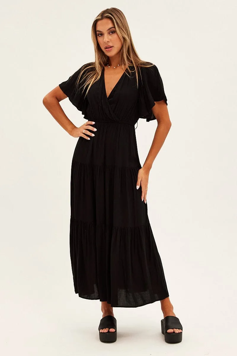 Black Maxi Dress Fluter Sleeve Tiered Hem sold by Ally Fashion product image thumbnail 3