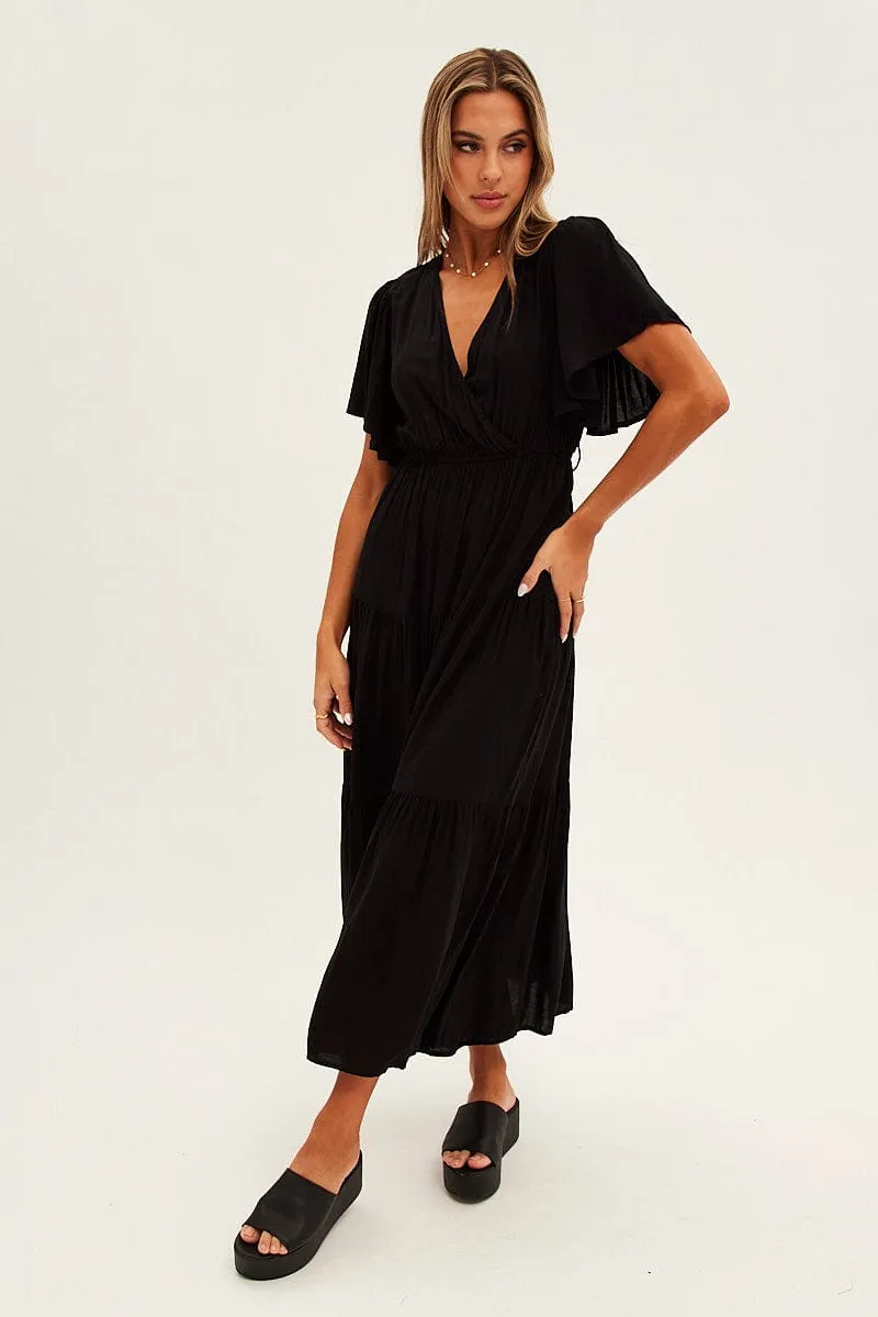 Black Maxi Dress Fluter Sleeve Tiered Hem sold by Ally Fashion
