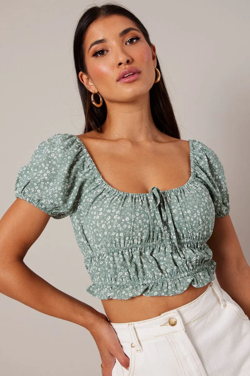 Green Ditsy Crop Top Short Sleeve sold by Ally Fashion