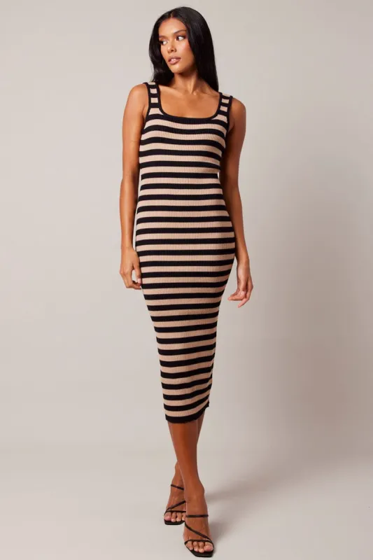 Beige Stripe Knit Midi Dress Sleeveless Scoop Neck Bodycon Rib sold by Ally Fashion