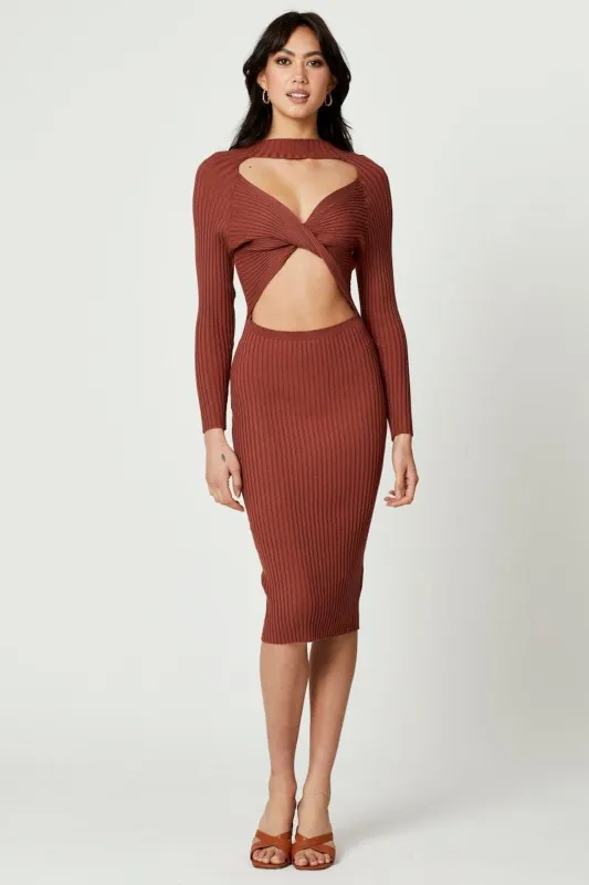 Beige High Neck Twist Detail Bodycon Knit Dress sold by Ally Fashion