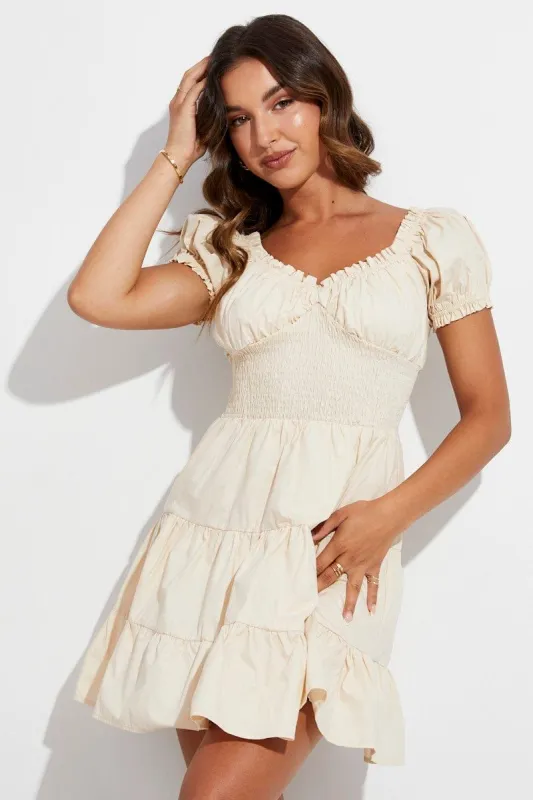 Beige Skater Dress Short Puff Sleeve V Neck Cotton sold by Ally Fashion