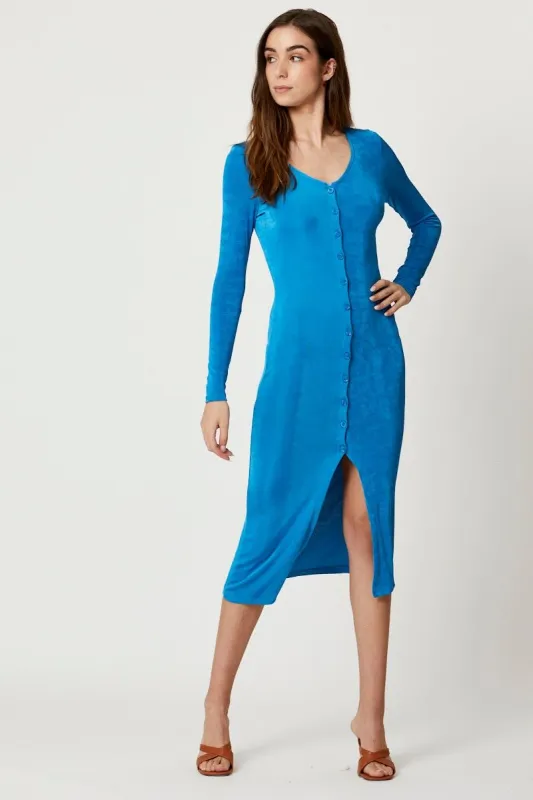 Blue Button Front Slinky Midi Dress sold by Ally Fashion