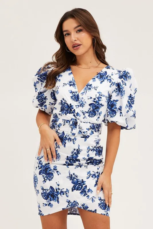 Print Mini Dress Short Puff Sleeve V-Neck Belted sold by Ally Fashion