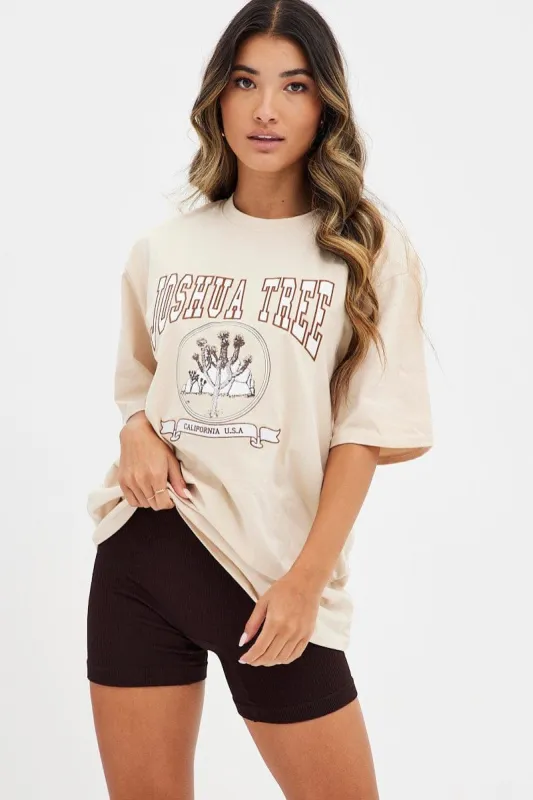 Beige T Shirt Short Sleeve Crew Neck Joshua Tree Cotton sold by Ally Fashion