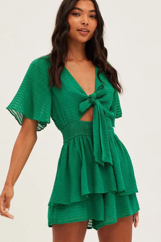 Green Playsuit Tie Front Playsuit Wing Sleeve sold by Ally Fashion