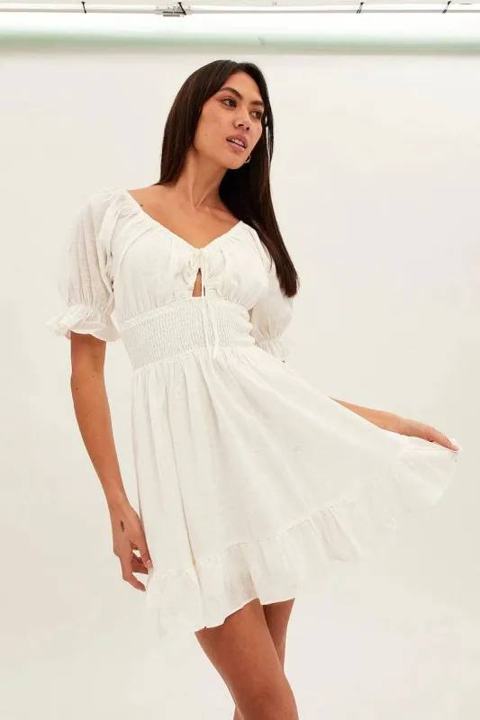 White Mini Dress Fit & Flare Puff Sleeve V-Neck sold by Ally Fashion