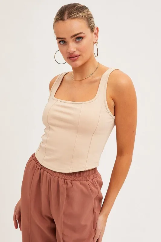 Camel Corset Tank Sleeveless Square Neck Crop Curved Hem sold by Ally Fashion