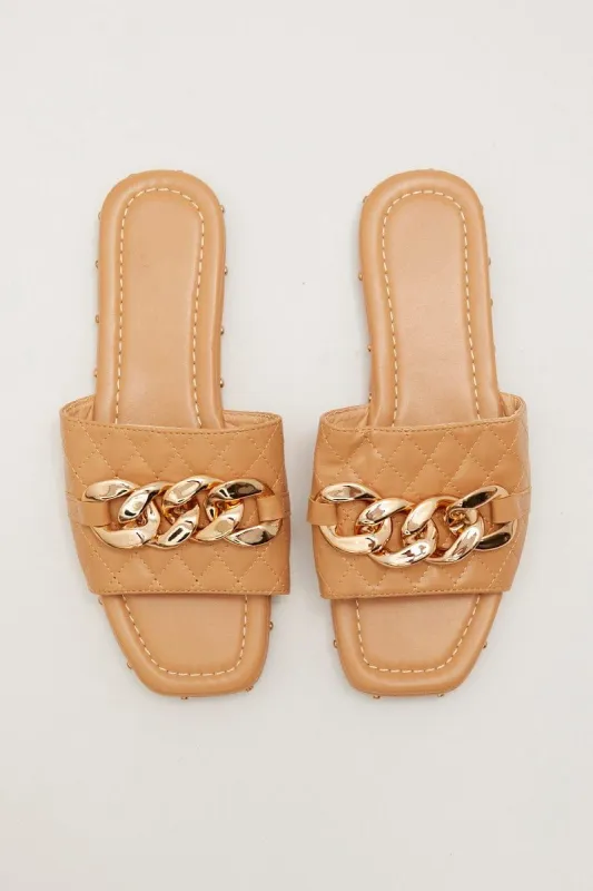 Camel Chain Decor Quilted Slides Slippers sold by Ally Fashion