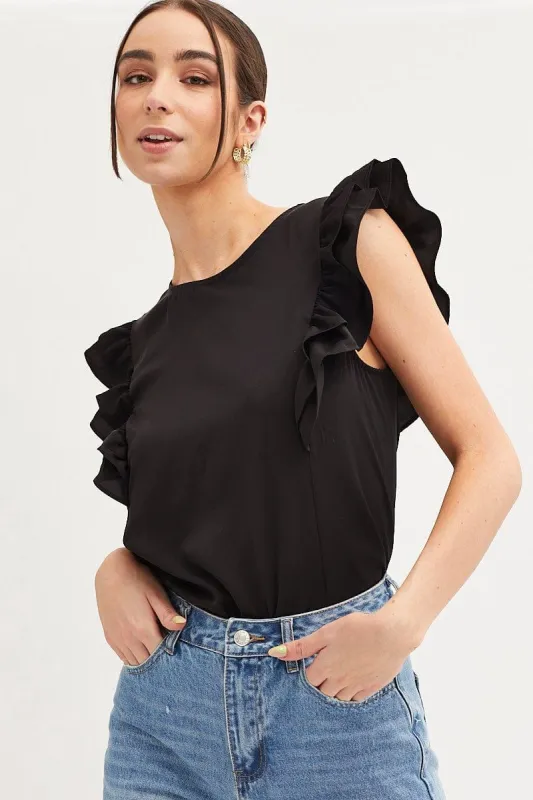 Black Ruffle Sleeve Top sold by Ally Fashion