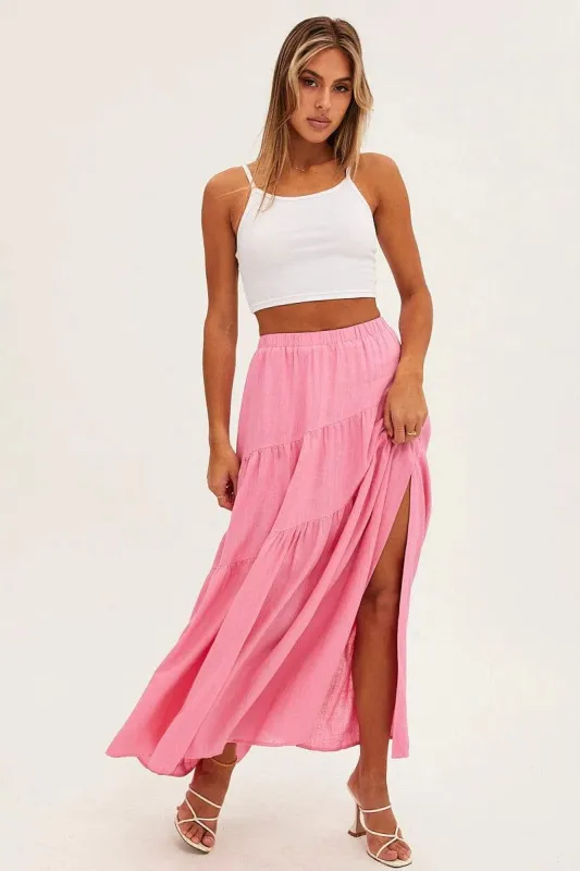 Pink Maxi Skirt Asymmetric Tiered Linen Blend sold by Ally Fashion