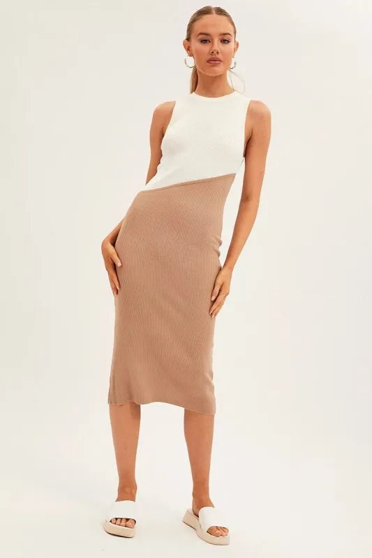 Camel Midi Dress Round Neck Colour Blocked Knit sold by Ally Fashion