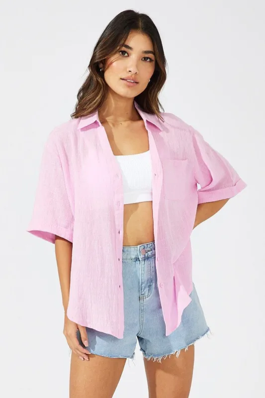 Pink Shirt Short Sleeve Collared Neck sold by Ally Fashion
