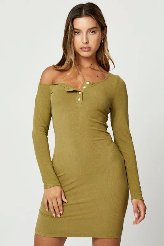 Green Asymmetric Off Shoulder Press Stud Ribbed Mini Dre sold by Ally Fashion