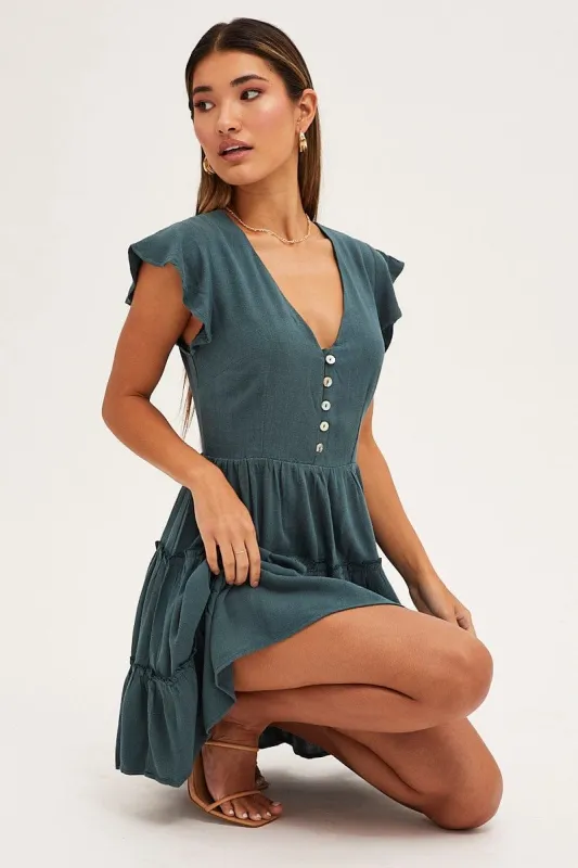 Green Fit And Flare Dress Frill Sleeve Linen Blend sold by Ally Fashion