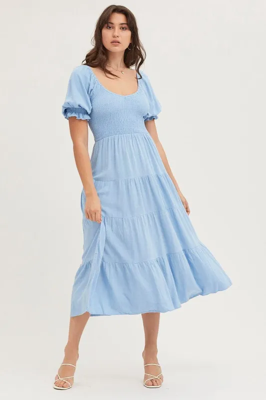 Blue Shirred Bust Midi Dress made by Ally Fashion