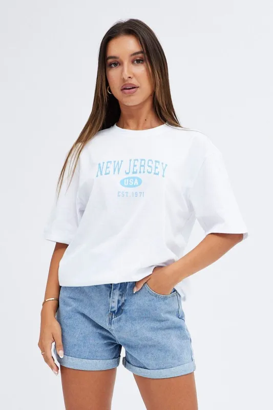 White T Shirt Short Sleeve Crew Oversized New Jersey sold by Ally Fashion