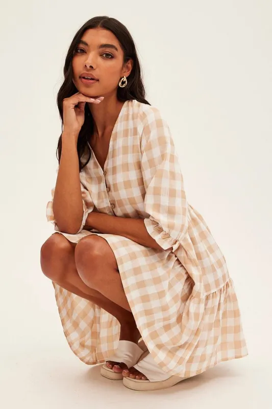 Camel Check Gingham Smock Mini Dress sold by Ally Fashion