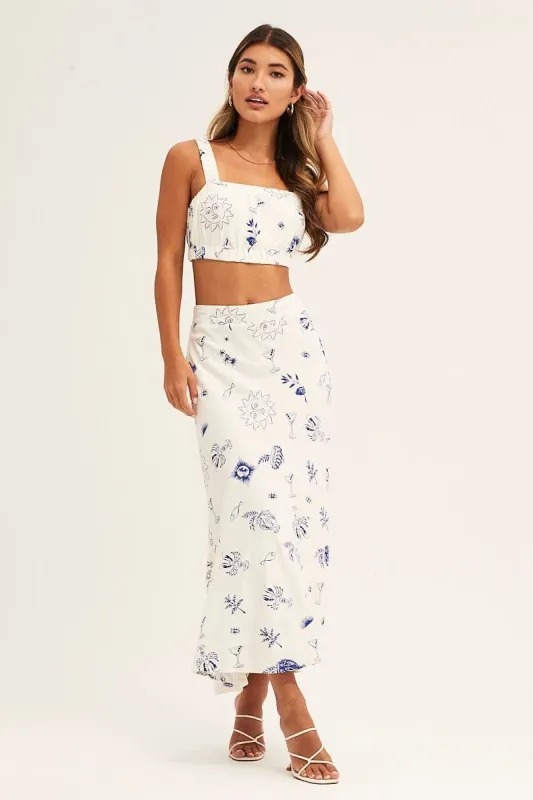 Blue Abstract Maxi Skirt High Rise Cotton Linen sold by Ally Fashion