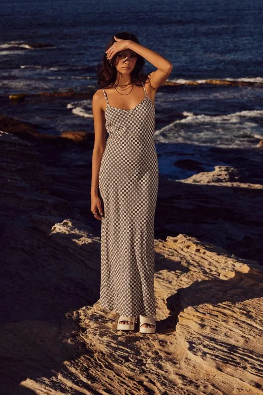 Brown Geo Maxi Dress Bias Cut Linen Blend sold by Ally Fashion