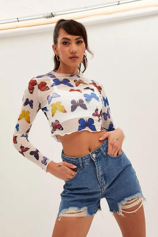White Mesh Long Sleeve Crop Top sold by Ally Fashion