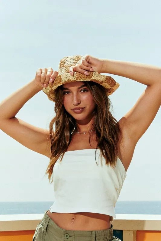Beige Check Straw Bucket Hat sold by Ally Fashion