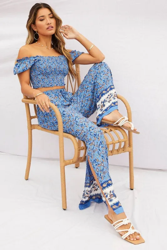 Print Pants High Rise Elastic Waist Wide Leg sold by Ally Fashion