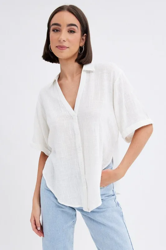 White Textured Cotton Short Sleeve Collared Shirt sold by Ally Fashion