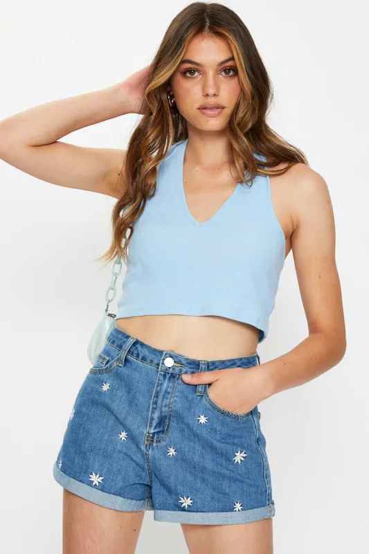 Blue Ribbed Halter Neck Top sold by Ally Fashion