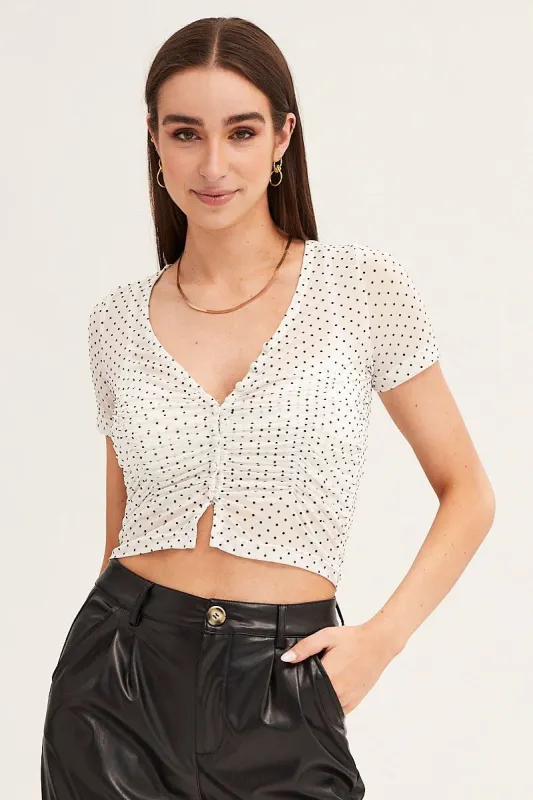 Polka Dot Mesh Short Sleeve V Neck Ruched Top sold by Ally Fashion