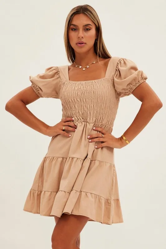 Beige Fit And Flare Dress Puff Sleeve Square Neck sold by Ally Fashion