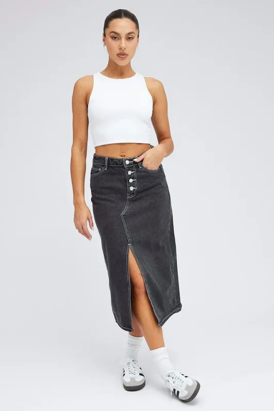 Black Midi Skirt High Rise Button Front Split Denim sold by Ally Fashion
