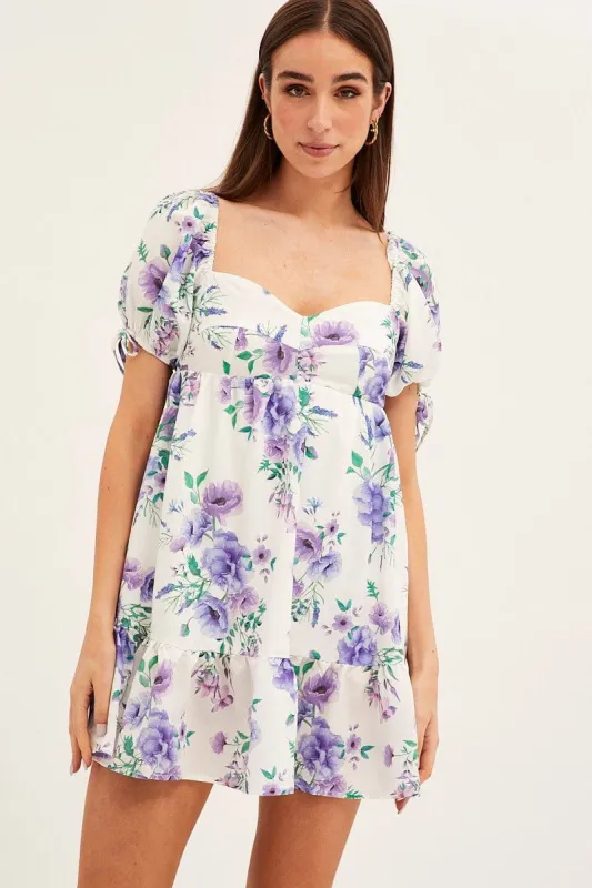White Floral Fit And Flare Dress Puff Sleeve Sweetheart Neck sold by Ally Fashion