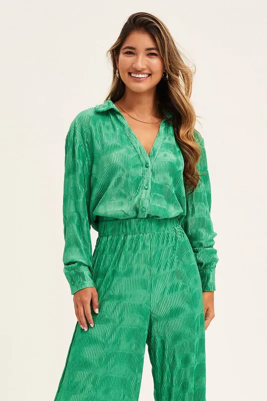 Green Plisse Shirt Long Sleeve Collared Longline sold by Ally Fashion