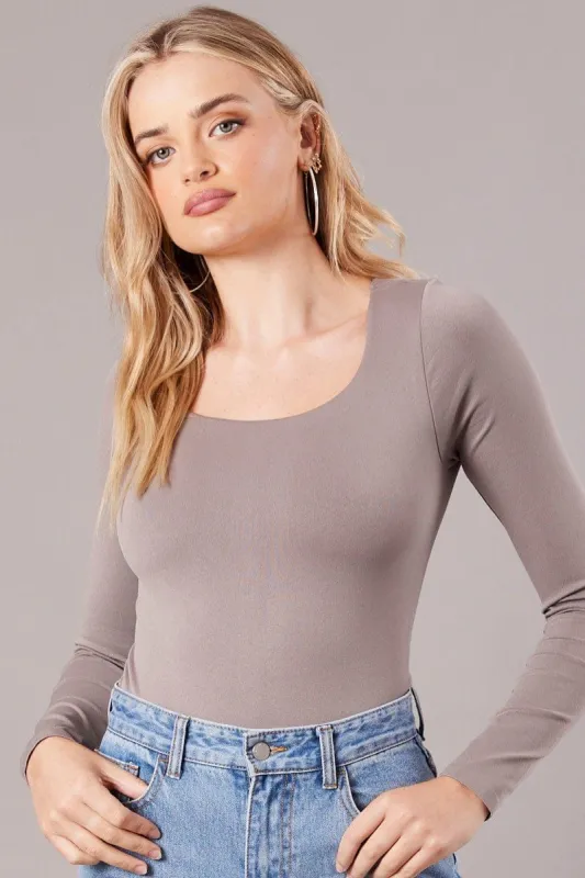 Brown Bodysuit Short Sleeve Square Neck Seamless sold by Ally Fashion