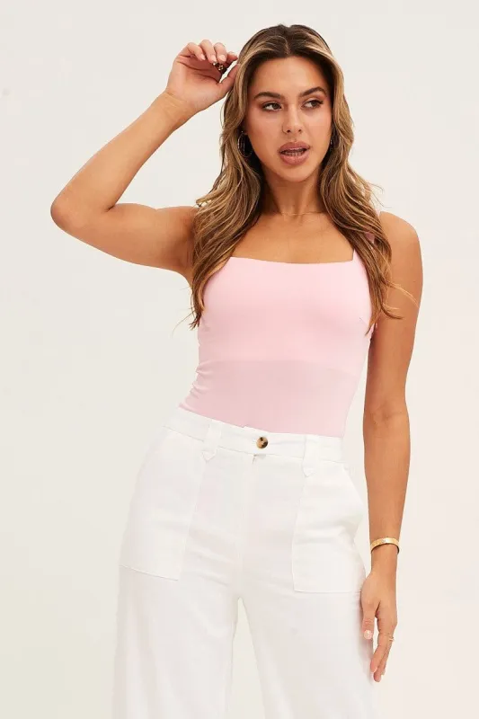 Pink Square Neck Basic Bodysuit sold by Ally Fashion