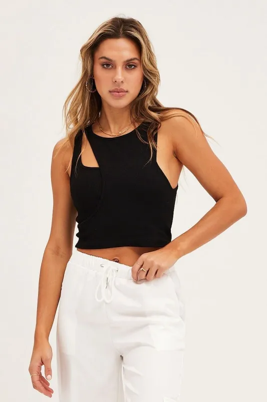 Black Rib Sleeveless Asymmetric Cut Out Tank Top sold by Ally Fashion
