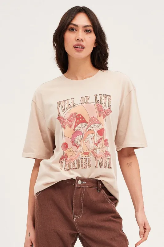 Beige Jersey Short Sleeve Graphic Tee sold by Ally Fashion