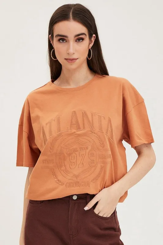 Orange Graphic T-Shirt Embroided sold by Ally Fashion